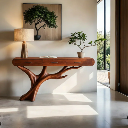 Natural Wood Entryway Console Table with Drawers and Sculptural Tree Base - Elitegemse - View 6