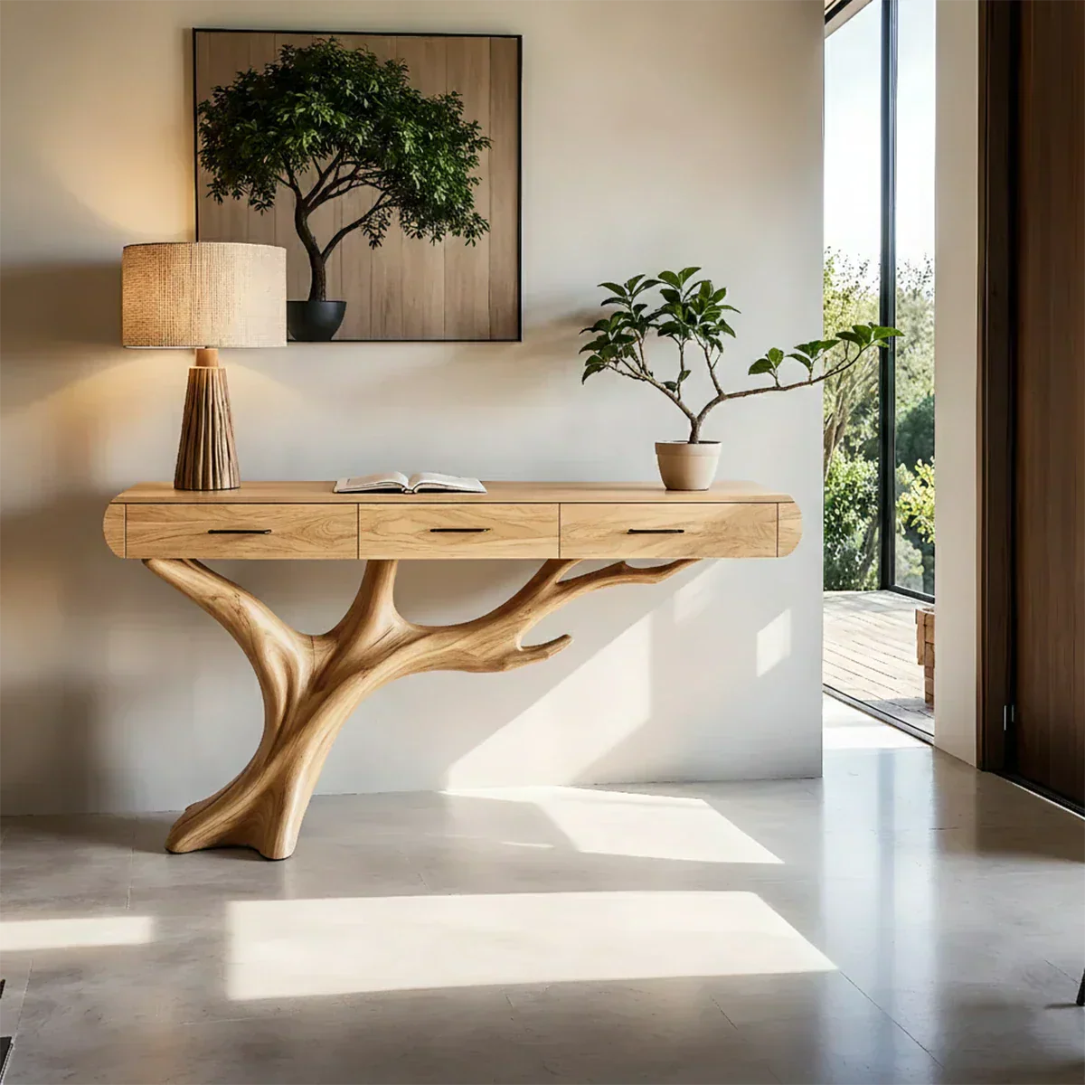 Natural Wood Entryway Console Table with Drawers and Sculptural Tree Base - Elitegemse - View 7