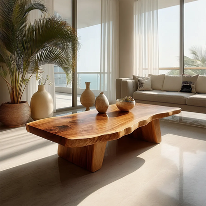 Organic Live Edge Coffee Table with Double Pedestal Base in Natural Solid Wood - Elitegemse