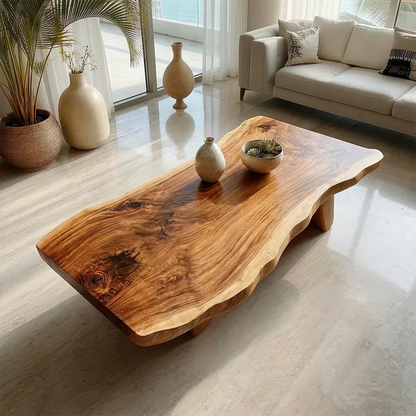 Organic Live Edge Coffee Table with Double Pedestal Base in Natural Solid Wood - Elitegemse - View 2