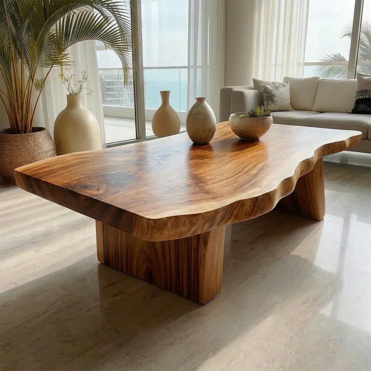 Organic Live Edge Coffee Table with Double Pedestal Base in Natural Solid Wood - Elitegemse - View 3