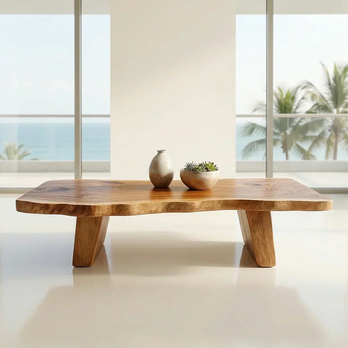 Organic Live Edge Coffee Table with Double Pedestal Base in Natural Solid Wood - Elitegemse - View 4