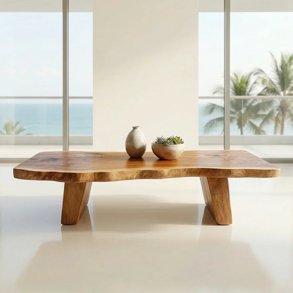 Organic Live Edge Coffee Table with Double Pedestal Base in Natural Solid Wood - Elitegemse - View 4