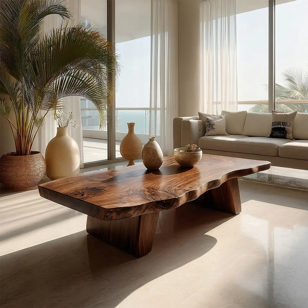 Organic Live Edge Coffee Table with Double Pedestal Base in Natural Solid Wood - Elitegemse - View 5
