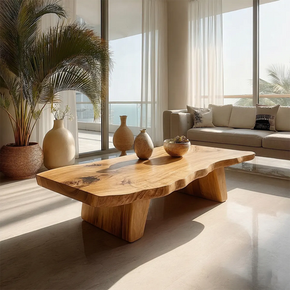 Organic Live Edge Coffee Table with Double Pedestal Base in Natural Solid Wood - Elitegemse - View 6