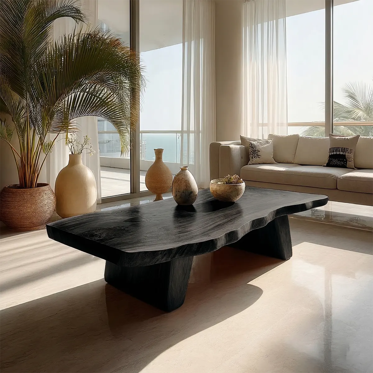 Organic Live Edge Coffee Table with Double Pedestal Base in Natural Solid Wood - Elitegemse - View 7
