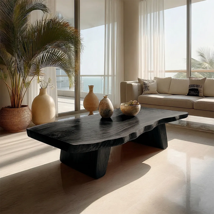 Organic Live Edge Coffee Table with Double Pedestal Base in Natural Solid Wood - Elitegemse - View 7