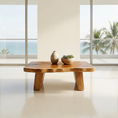 Organic Live Edge Coffee Table with Double Pedestal Base in Natural Solid Wood - Elitegemse - View 8