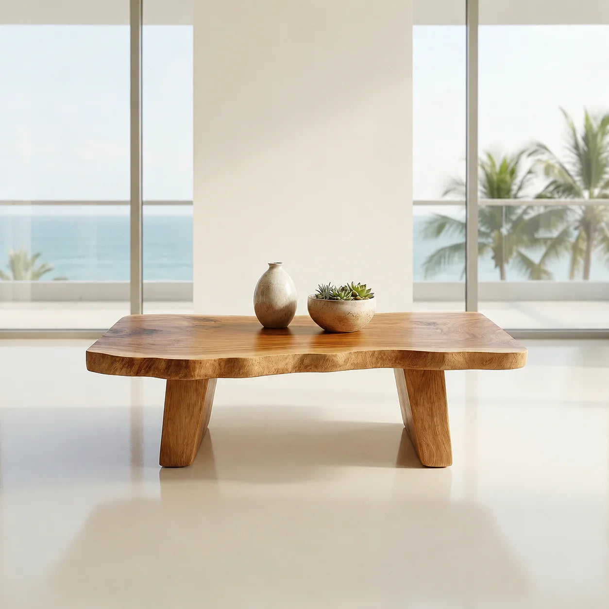 Organic Live Edge Coffee Table with Double Pedestal Base in Natural Solid Wood - Elitegemse - View 9