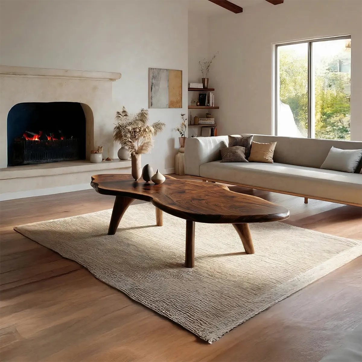 Organic Live Edge Natural Solid Wood Coffee Table with Sculptural Legs - Elitegemse - View 7