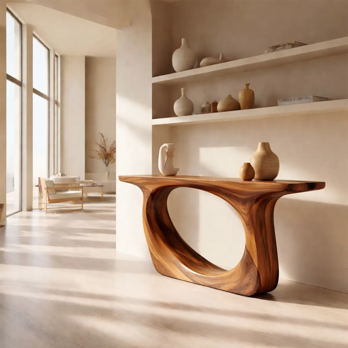 Organic Modern Solid Wood Console Table with Sculptural Curved Form - Elitegemse