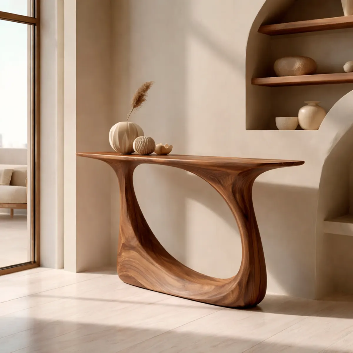 Organic Sculptural Solid Wood Console Table with Curved Artistic Base - Elitegemse