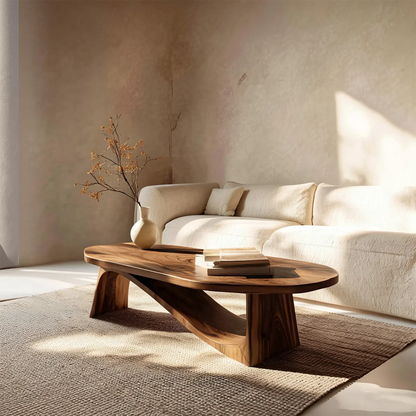 Oval Sculptural Coffee Table with Bridge Base in Natural Solid Wood - Elitegemse