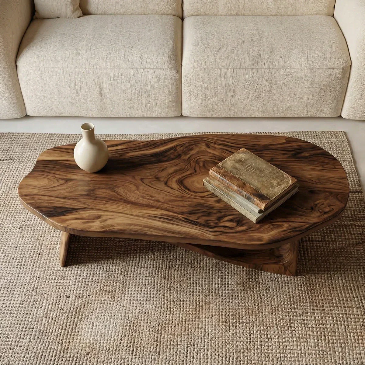 Oval Sculptural Coffee Table with Bridge Base in Natural Solid Wood - Elitegemse - View 2