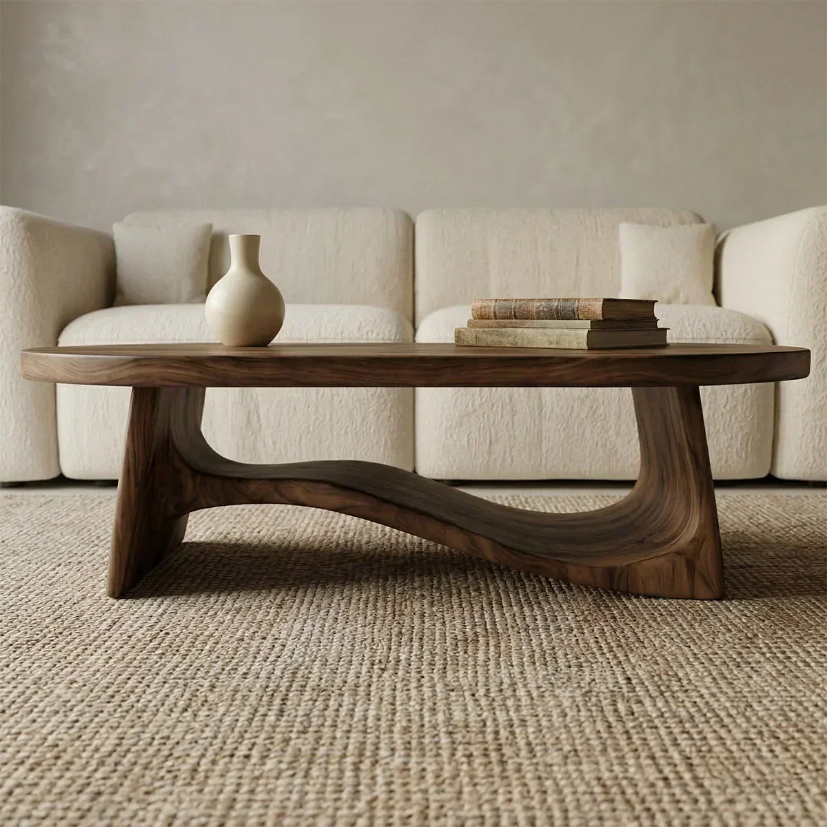 Oval Sculptural Coffee Table with Bridge Base in Natural Solid Wood - Elitegemse - View 3