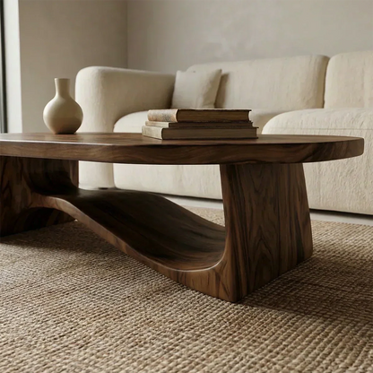 Oval Sculptural Coffee Table with Bridge Base in Natural Solid Wood - Elitegemse - View 4