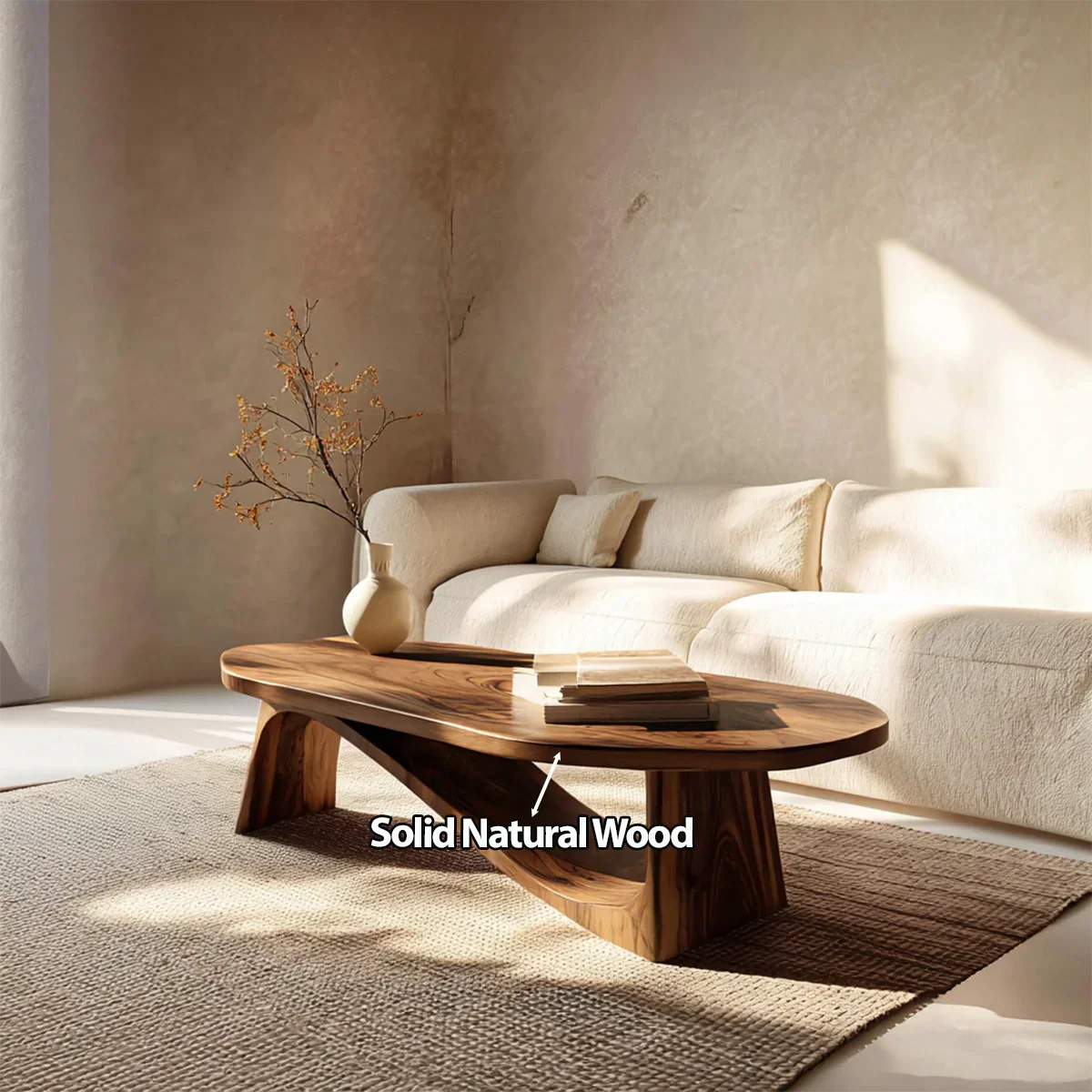 Oval Sculptural Coffee Table with Bridge Base in Natural Solid Wood - Elitegemse - View 5