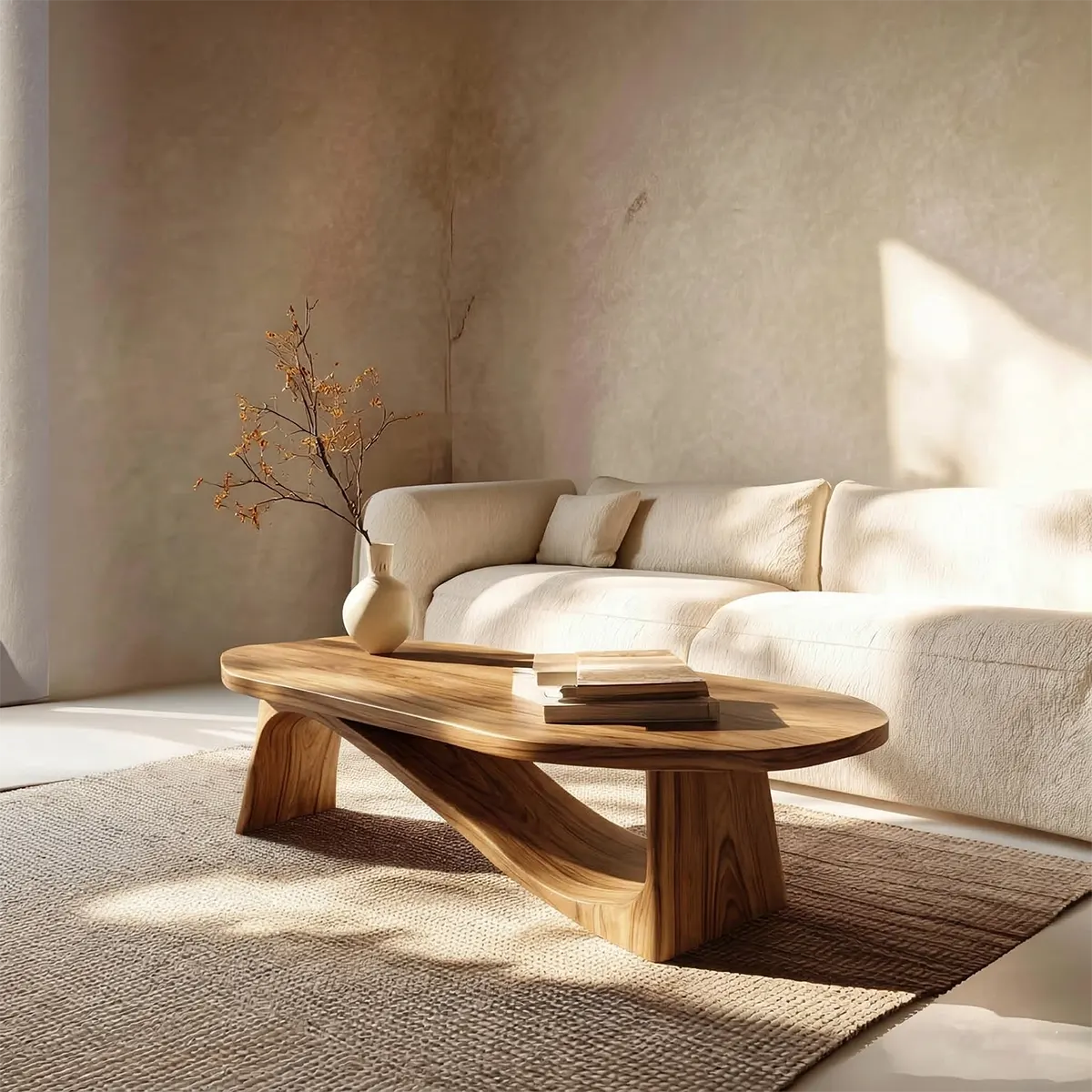 Oval Sculptural Coffee Table with Bridge Base in Natural Solid Wood - Elitegemse - View 7
