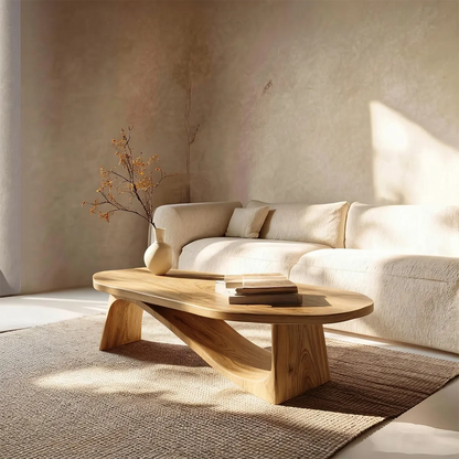Oval Sculptural Coffee Table with Bridge Base in Natural Solid Wood - Elitegemse - View 8