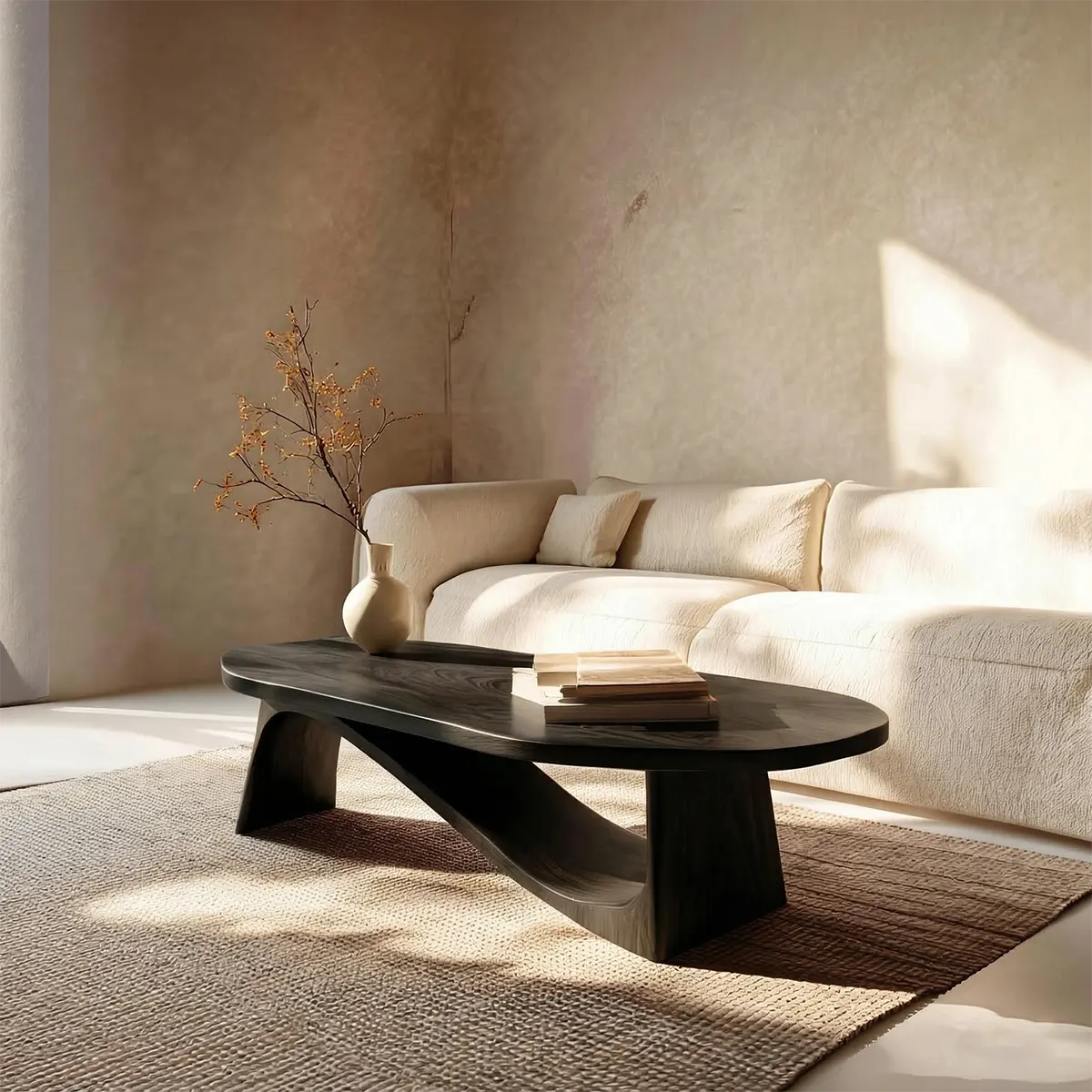 Oval Sculptural Coffee Table with Bridge Base in Natural Solid Wood - Elitegemse - View 9