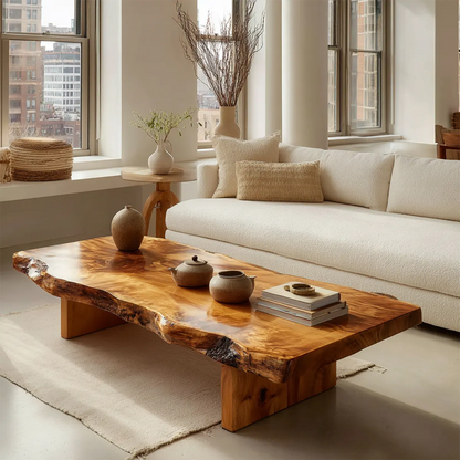 Premium Live Edge Coffee Table with Low Pedestal Base in Natural Solid Wood - Elitegemse