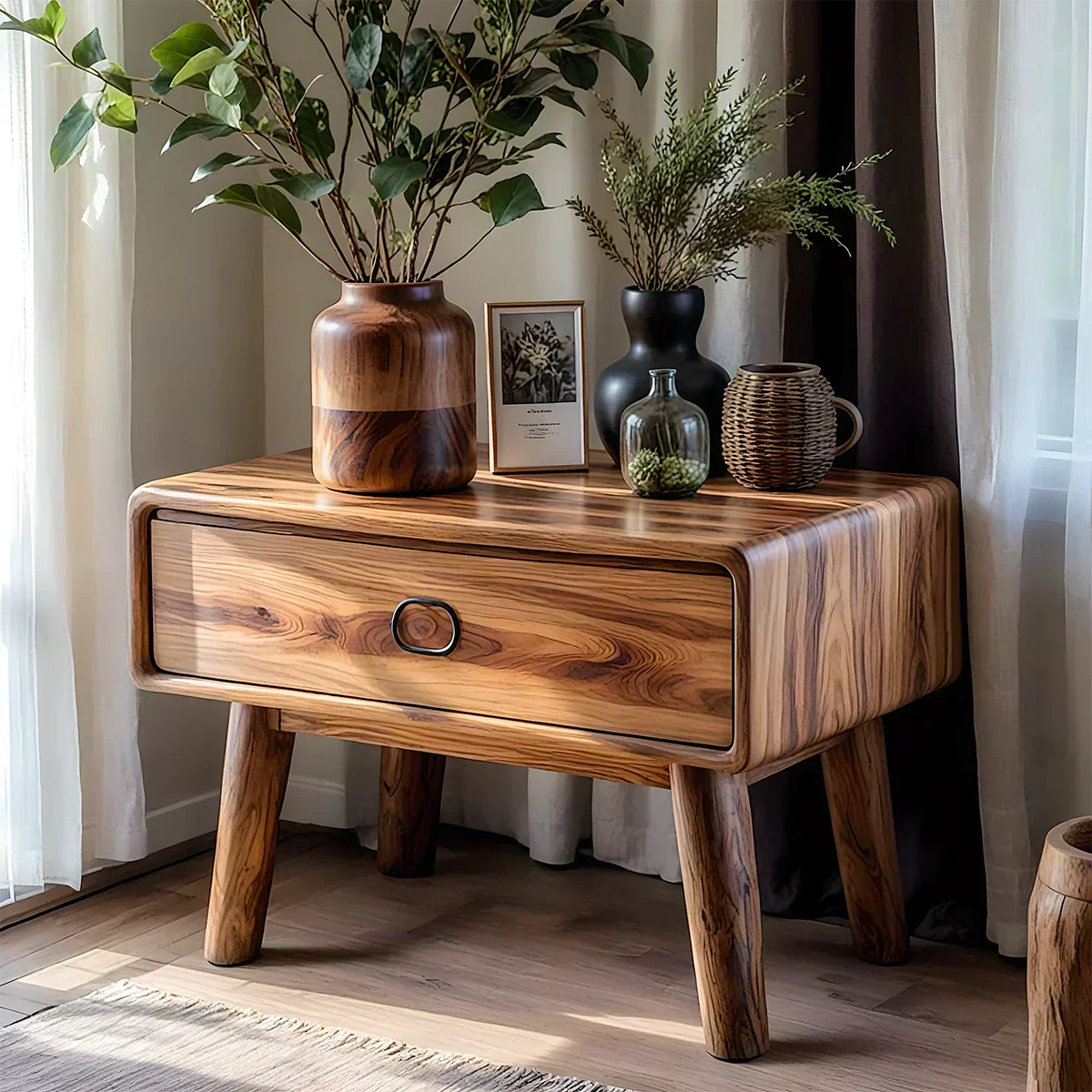 Rounded Solid Wood Nightstand – Minimalist Single-Drawer Design - Elitegemse