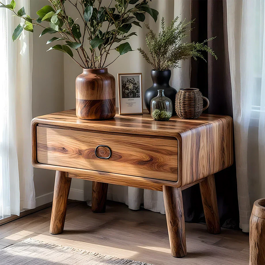 Rounded Solid Wood Nightstand – Minimalist Single-Drawer Design - Elitegemse