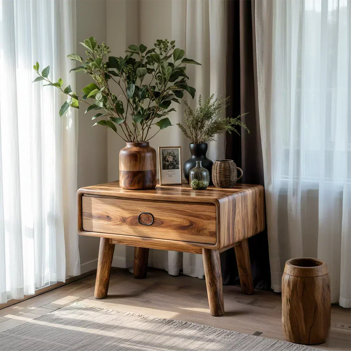 Rounded Solid Wood Nightstand – Minimalist Single-Drawer Design - Elitegemse - View 2