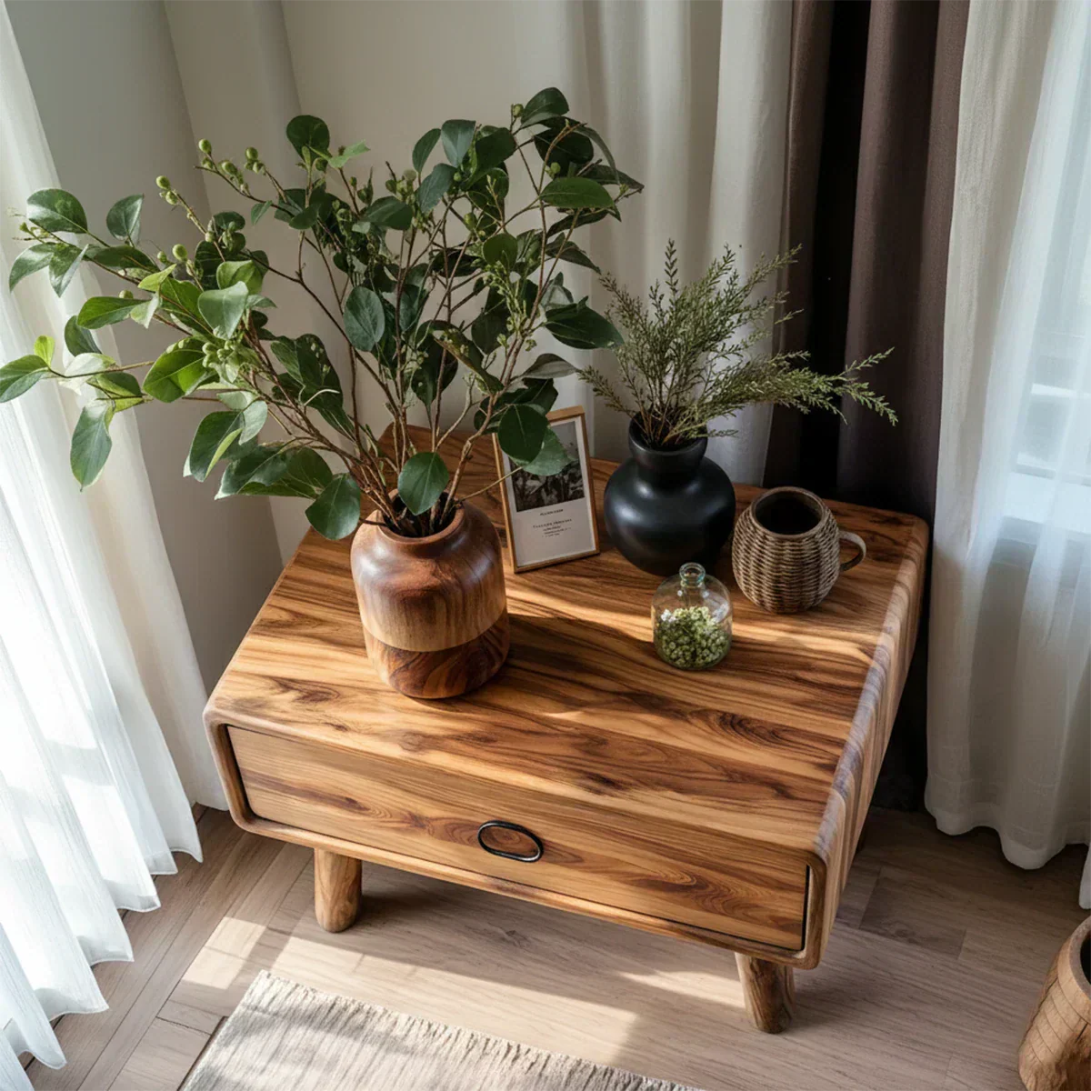 Rounded Solid Wood Nightstand – Minimalist Single-Drawer Design - Elitegemse - View 3