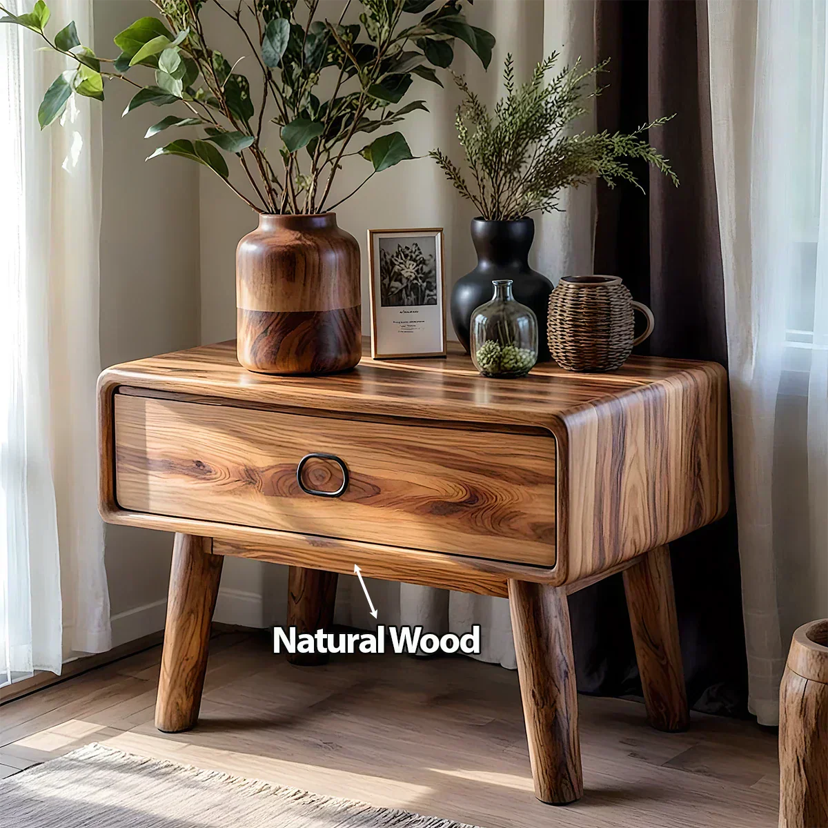 Rounded Solid Wood Nightstand – Minimalist Single-Drawer Design - Elitegemse - View 5