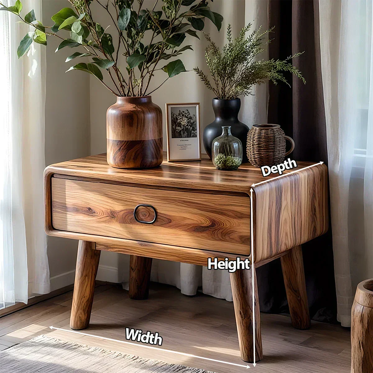 Rounded Solid Wood Nightstand – Minimalist Single-Drawer Design - Elitegemse - View 6