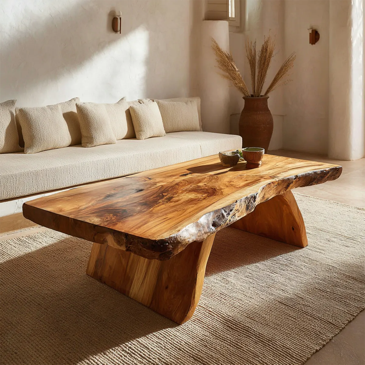 Rustic Live Edge Slab Coffee Table with Solid Block Base in Natural Solid Wood - Elitegemse