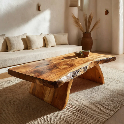 Rustic Live Edge Slab Coffee Table with Solid Block Base in Natural Solid Wood - Elitegemse