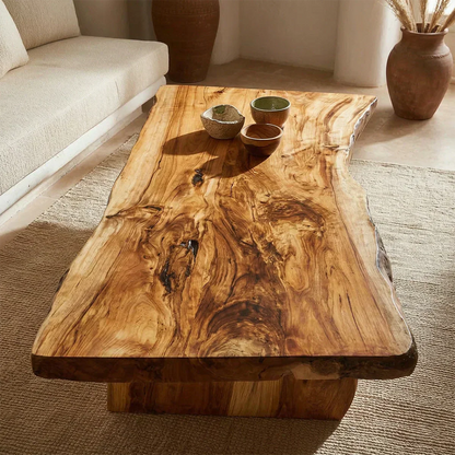 Rustic Live Edge Slab Coffee Table with Solid Block Base in Natural Solid Wood - Elitegemse - View 2