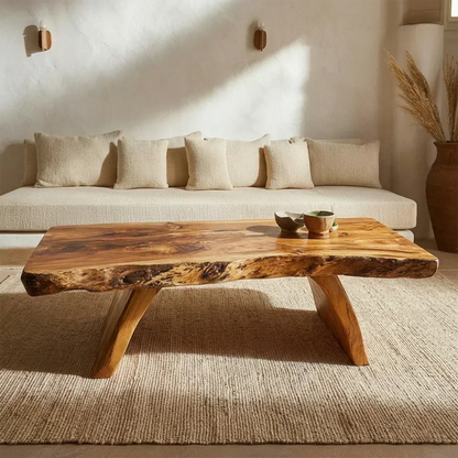 Rustic Live Edge Slab Coffee Table with Solid Block Base in Natural Solid Wood - Elitegemse - View 3
