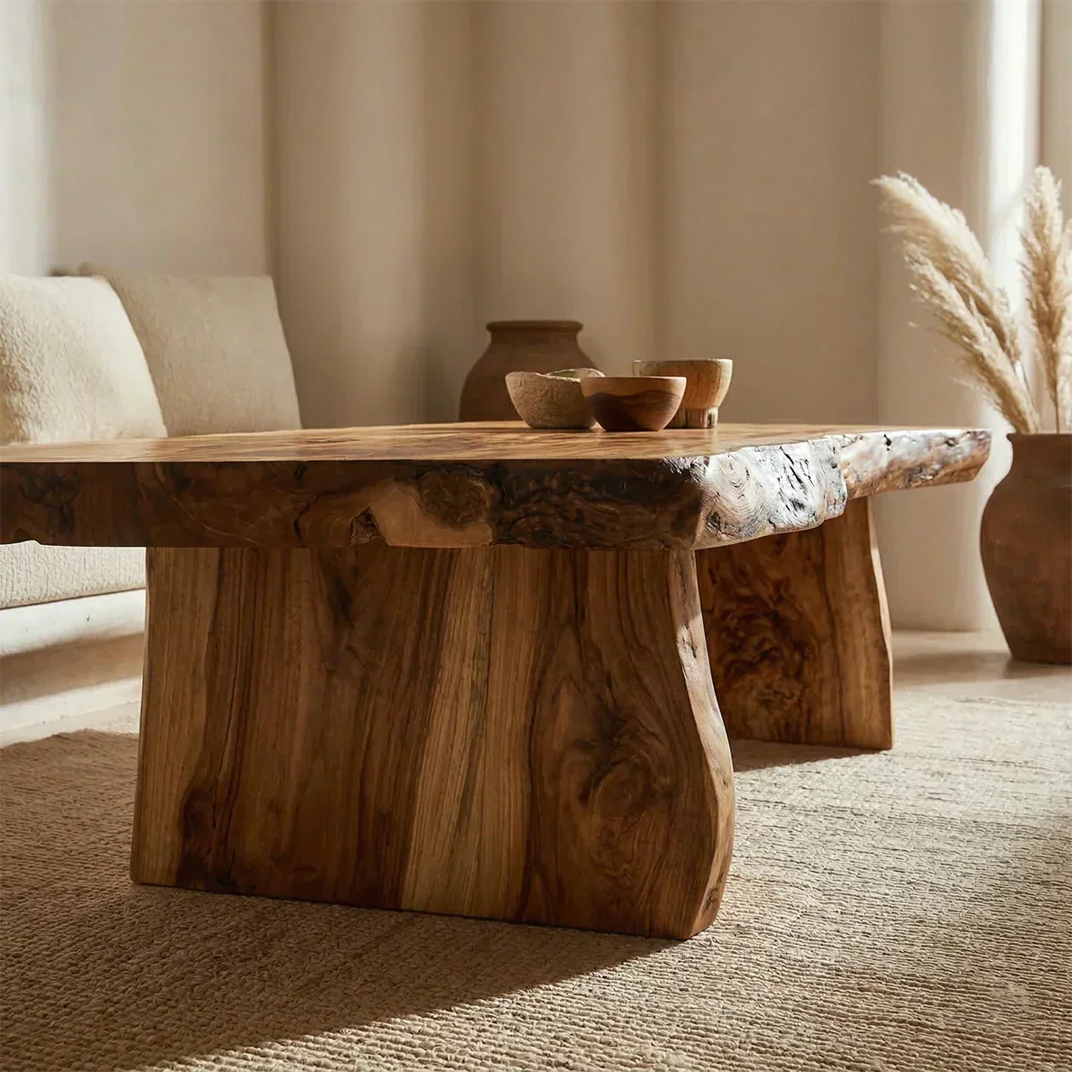 Rustic Live Edge Slab Coffee Table with Solid Block Base in Natural Solid Wood - Elitegemse - View 4