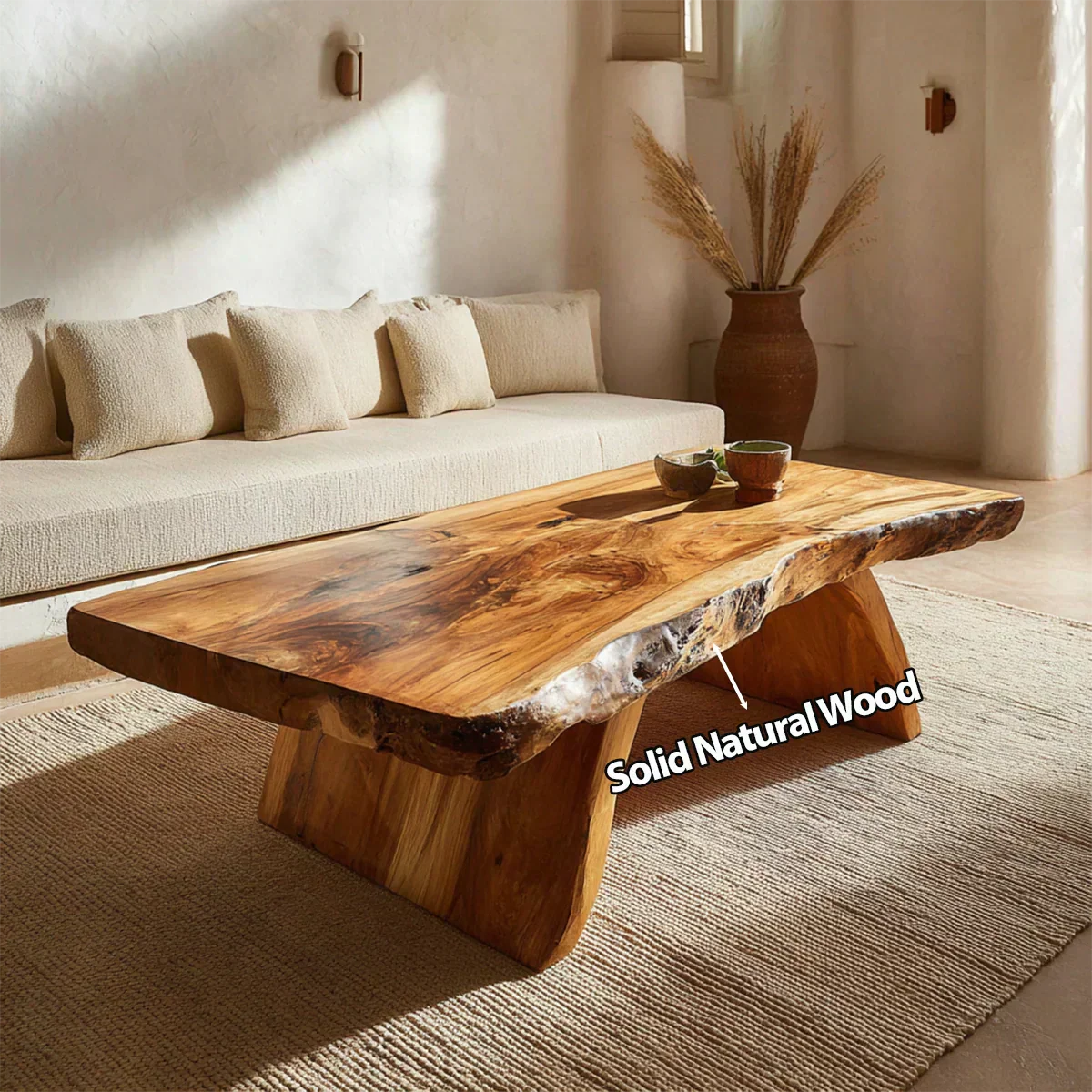 Rustic Live Edge Slab Coffee Table with Solid Block Base in Natural Solid Wood - Elitegemse - View 5