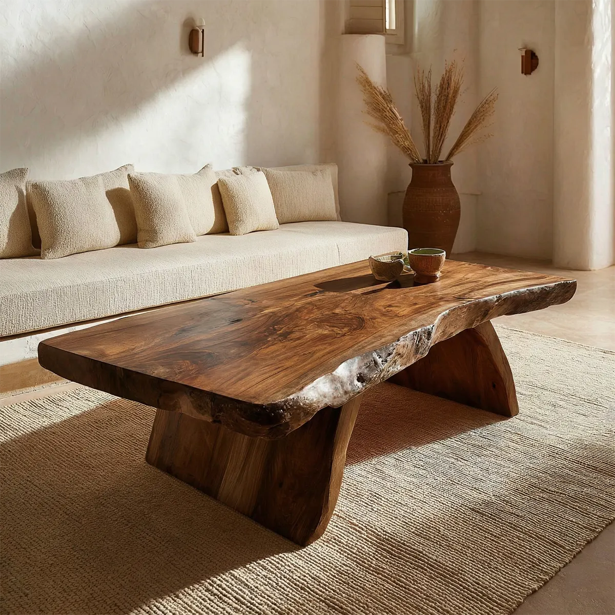 Rustic Live Edge Slab Coffee Table with Solid Block Base in Natural Solid Wood - Elitegemse - View 7
