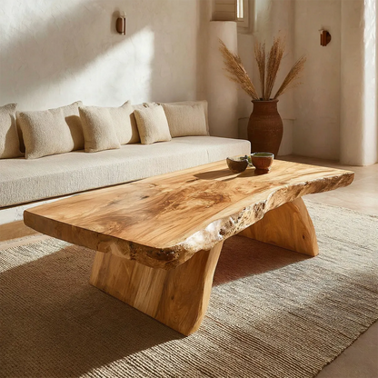 Rustic Live Edge Slab Coffee Table with Solid Block Base in Natural Solid Wood - Elitegemse - View 8