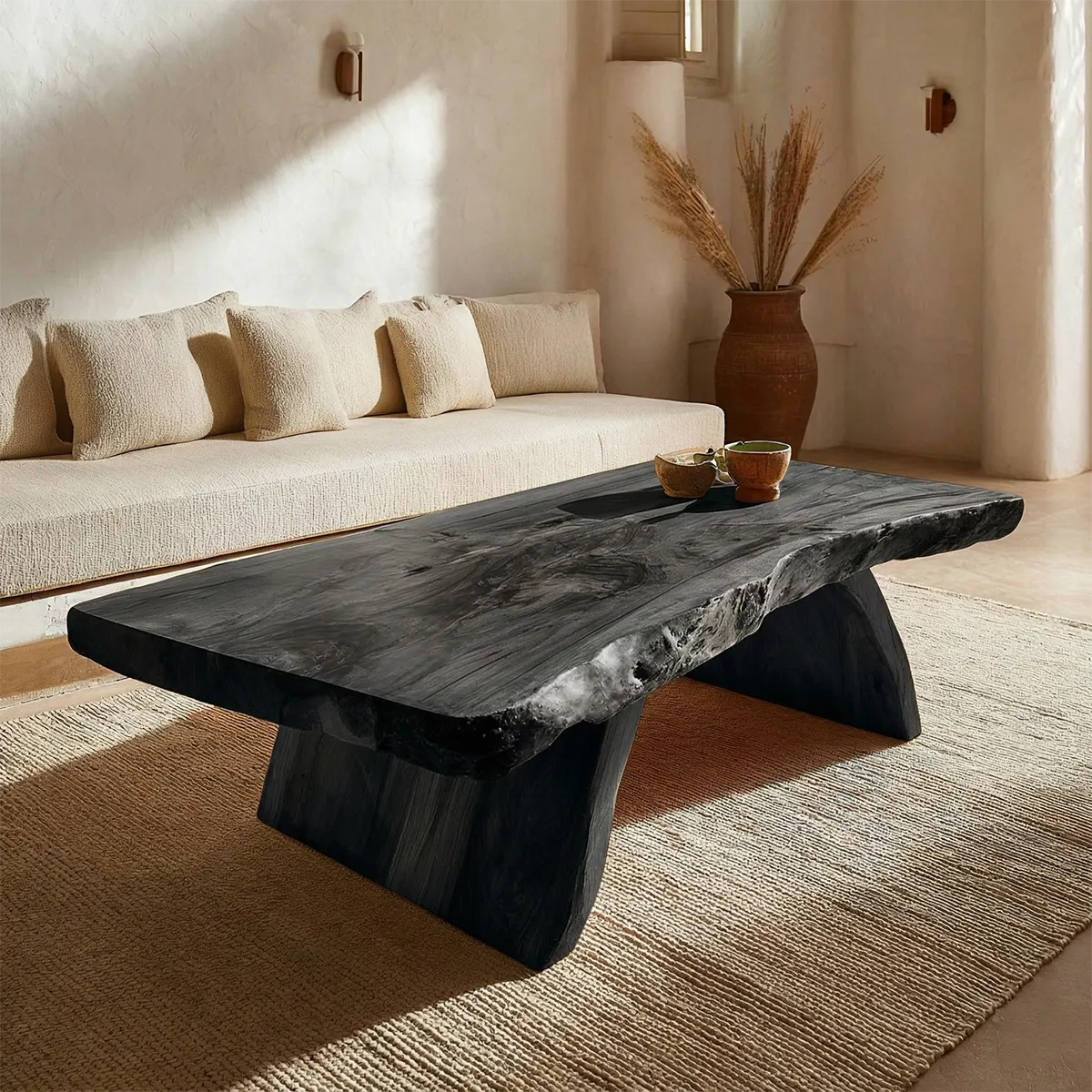 Rustic Live Edge Slab Coffee Table with Solid Block Base in Natural Solid Wood - Elitegemse - View 9