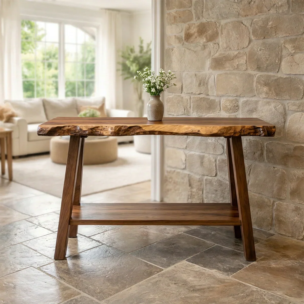 Rustic Live Edge Solid Wood Console Table with Storage Shelf - Elitegemse - View 2