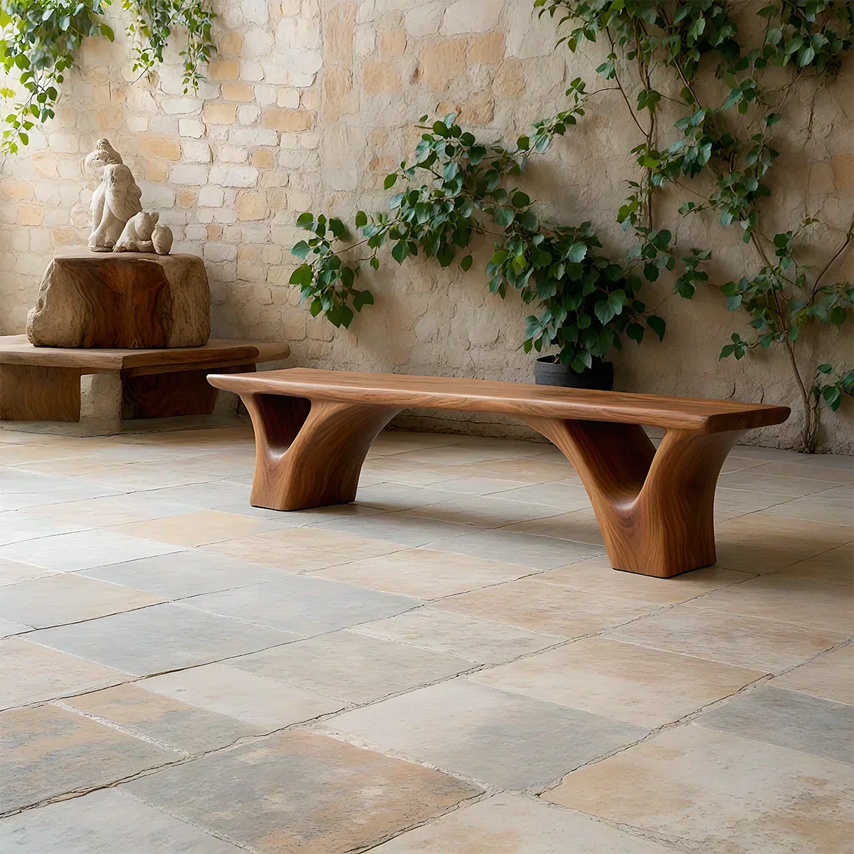 Sculpted Arch-Base Solid Wood Bench – Modern Fluid Silhouette - Elitegemse