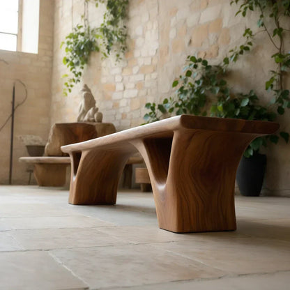 Sculpted Arch-Base Solid Wood Bench – Modern Fluid Silhouette - Elitegemse - View 3