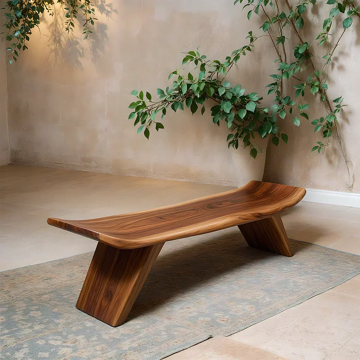 Sculpted Low-Profile Bench in Natural Solid Wood – Curved Edge Form - Elitegemse