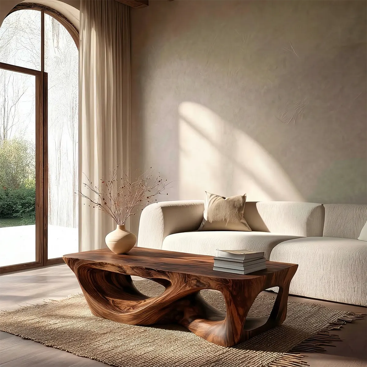 Sculpted Natural Solid Wood Coffee Table with Organic Carved Base - Elitegemse - View 4