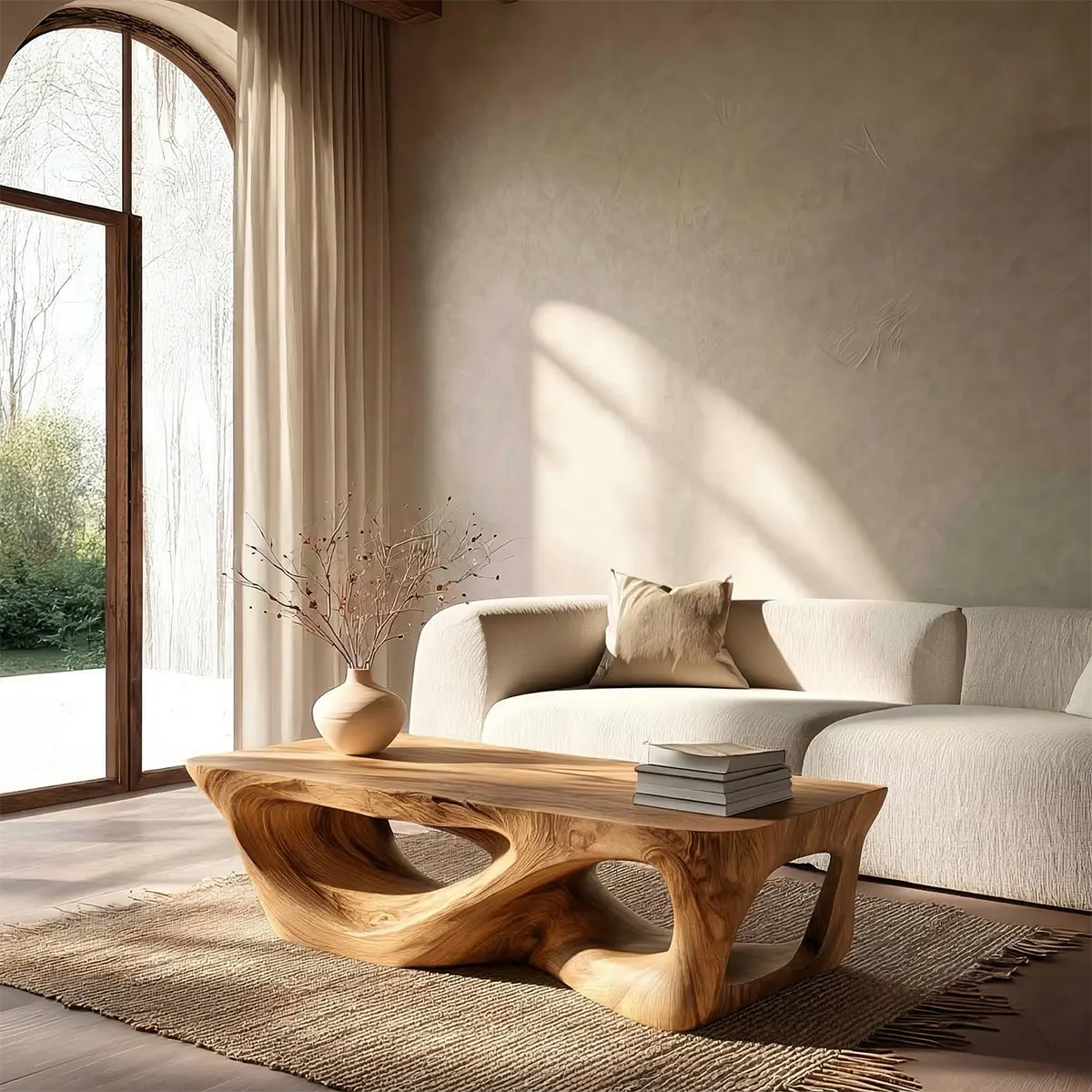 Sculpted Natural Solid Wood Coffee Table with Organic Carved Base - Elitegemse - View 5