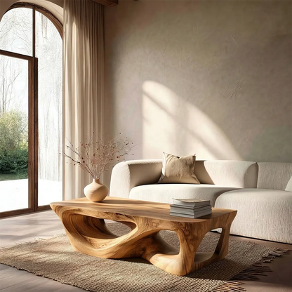 Sculpted Natural Solid Wood Coffee Table with Organic Carved Base - Elitegemse - View 5