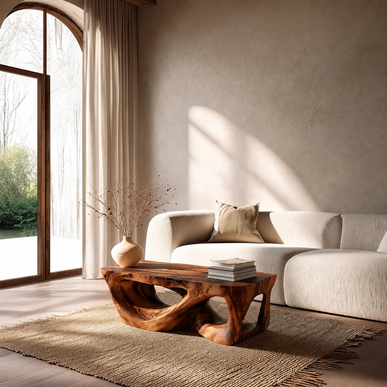 Sculpted Natural Solid Wood Coffee Table with Organic Carved Base - Elitegemse - View 8
