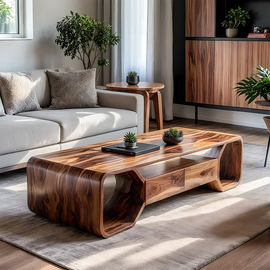 Sculpted Solid Wood Coffee Table With Storage – Modern Curved Form - Elitegemse