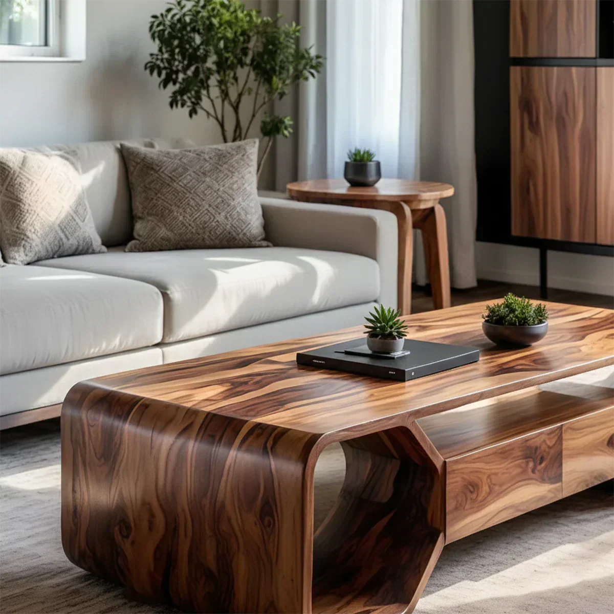 Sculpted Solid Wood Coffee Table With Storage – Modern Curved Form - Elitegemse - View 2